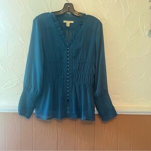 Jonathan Martin Teal Blouse with Ruffle Trim